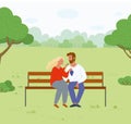 Couple Sitting on Bench and Eating Grapes Vector Royalty Free Stock Photo