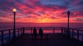 A couple sitting on a bench at the end of pier watching sunset, AI Royalty Free Stock Photo