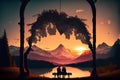 Couple sitting on a bench by the lake at sunset, vector illustration