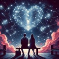 Couple sitting on the top moutain looking at the stars made into a heart shape on the night sky.