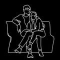 Couple sitting on a bench. Vector monochrome illustration of young man hugging woman, looking far away in minimalistic