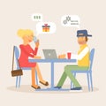 Couple sitting at cafe table vector illustration Royalty Free Stock Photo