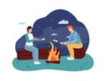 Couple sitting at campfire, drinking hot tea and roasting marshmallow on stick at night. People traveling
