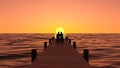 couple sitting at the end of a pontoon above the sea at sunset - 3D render Royalty Free Stock Photo