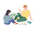 Couple sitting on floor and playing board game. Family spending pastime at home together cartoon vector illustration Royalty Free Stock Photo