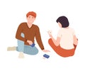 Couple sitting on floor and playing cards. Family playing board game together cartoon vector illustration Royalty Free Stock Photo