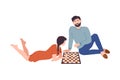 Couple sitting on the floor and playing checkers. Family playing board game together cartoon vector illustration Royalty Free Stock Photo