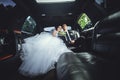 The couple sitting in the limo. Portrait of a beautiful young couple who rides around the city Royalty Free Stock Photo