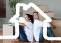 Couple sitting in living room against house outline in background