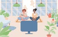 Couple sitting in the living room and playing video games on a game console vector flat illustration.