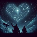 Couple sitting on the top moutain looking at the stars made into a heart shape on the night sky.