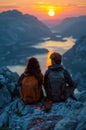 Couple sitting on mountain watching the sunset Royalty Free Stock Photo