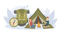 Couple Sitting Near Campfire and Roasting Marshmallow over Campfire, Travelling Equipment, Huge Backpack and Compass