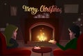 Couple Sitting Near Fireplace, Merry Christmas And Happy New Year Winter Holiday Royalty Free Stock Photo