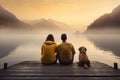 Couple sitting on a pier and looking at a lake at sunrise, Family with a small yellow dog resting on a pier and looking at lake Royalty Free Stock Photo