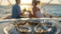 A couple sitting on a private yacht savoring the taste of freshly grilled oysters while basking in the warm afternoon