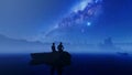 Couple Sitting On A Rock Against Isolated Cottage, Mountain Range And Starry Sky, Panning