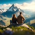 A couple sitting on the rock looking at the mountain. Couple of hikers enjoying valley landscape view from top of a mountain. Royalty Free Stock Photo