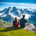 A couple sitting on the rock looking at the mountain. Couple of hikers enjoying valley landscape view from top of a mountain. Royalty Free Stock Photo