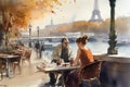 A couple sitting in a street cafe in Paris with a view to the river Siene and Eiffel Tower