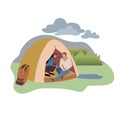 Couple Sitting in Tent Flat Vector Illustration