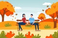 Couple sitting together in autumn park. Couple sitting on bench. Two characters summer time meadow together. Royalty Free Stock Photo