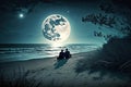 Couple sitting together enjoyin the romantic view of the moonlight at a beautiful beach Royalty Free Stock Photo