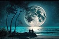 Couple sitting together enjoyin the romantic view of the moonlight at a beautiful beach Royalty Free Stock Photo