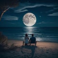 Couple sitting together enjoying the romantic view of the moonlight at a beautiful beach Generative AI