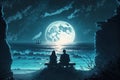 Couple sitting together enjoying the romantic view of the moonlight at a beautiful beach Royalty Free Stock Photo