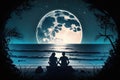 Couple sitting together enjoying the romantic view of the moonlight at a beautiful beach Royalty Free Stock Photo