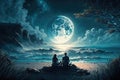 Couple sitting together enjoying the romantic view of the moonlight at a beautiful beach Royalty Free Stock Photo