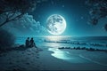 Couple sitting together enjoying the romantic view of the moonlight at a beautiful beach Royalty Free Stock Photo