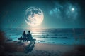 Couple sitting together enjoying the romantic view of the moonlight at a beautiful beach Royalty Free Stock Photo