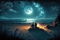 Couple sitting together enjoying the romantic view of the moonlight at a beautiful beach Royalty Free Stock Photo