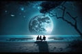 Couple sitting together enjoying the romantic view of the moonlight at a beautiful beach Royalty Free Stock Photo