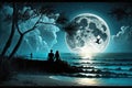 Couple sitting together enjoying the romantic view of the moonlight at a beautiful beach Royalty Free Stock Photo