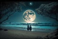 Couple sitting together enjoying the romantic view of the moonlight at a beautiful beach Royalty Free Stock Photo