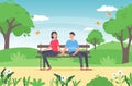 Couple sitting together in park. Couple sitting on bench. Two characters summer time meadow together. Royalty Free Stock Photo