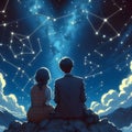 Couple sitting on the top moutain looking at the stars made into a heart shape on the night sky.