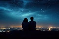 Couple sitting on the top of a mountain watching the night city, rear view silhouettes of a couple sitting on the top of the hill