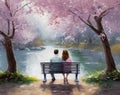 Couple Sitting Under Cherry Blossom Tree in Full Bloom by the River in Park Royalty Free Stock Photo