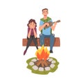 Couple Sitting and Warming Near Campfire, Man Playing Ukulele and Singing, Tourists Hiking, Camping and Relaxing at