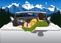 Couple sitting in white convertible car hugging and looking at the mountains under the night sky