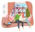 Couple sitting on windowsill at home in the room interior near big window with spring cityscape Royalty Free Stock Photo