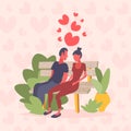 Couple sitting wooden bench happy valentines day holiday celebrating concept man woman lovers discussing over heart Royalty Free Stock Photo