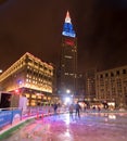 Ice skating in Public Square in front of Terminal Tower Royalty Free Stock Photo