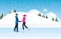 Couple skating on ice rink on Cityscape landscape background Royalty Free Stock Photo