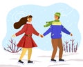 Couple skating together in winter holding hands looking at one another, snow bushes, snowy wind Royalty Free Stock Photo