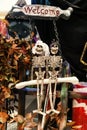 Couple skeletons displayed on Halloween party. Background. October season. Scary decoration